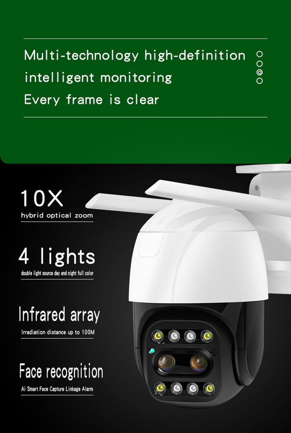 Close-up of the camera highlighting 10X hybrid optical zoom, 4 lights, infrared array, and face recognition