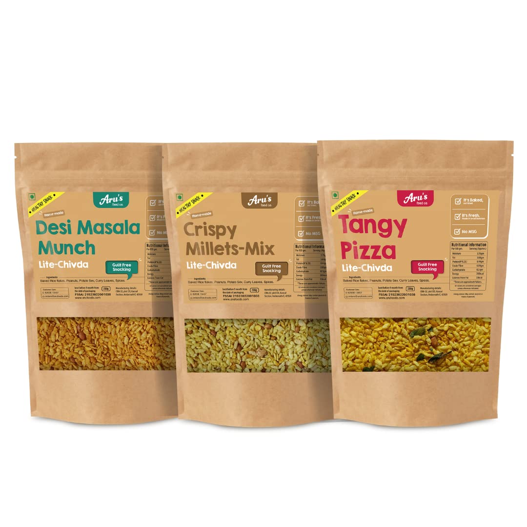 Aru's Premium Desi Masala Munch + Crispy Millets Mix + Tangy Pizza Combo  (200g x 3,