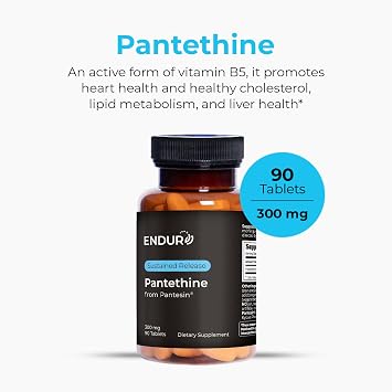 Endurance Products Endur Pantethine from Pantesin, Liver Function & Healthy Cholesterol Balance Supplement, Sustained Release Formula, Gluten Free, 300mg (90 Tablets)