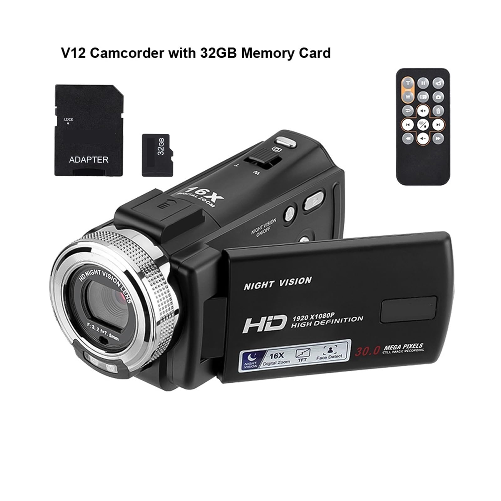 Videocamera digitale 1080P 30MP HD 16X Zoom di registrazione portatile con schermo LCD da 3 pollici Cattura Facilmente Momenti Meravigliosi(V12 with 32GB)