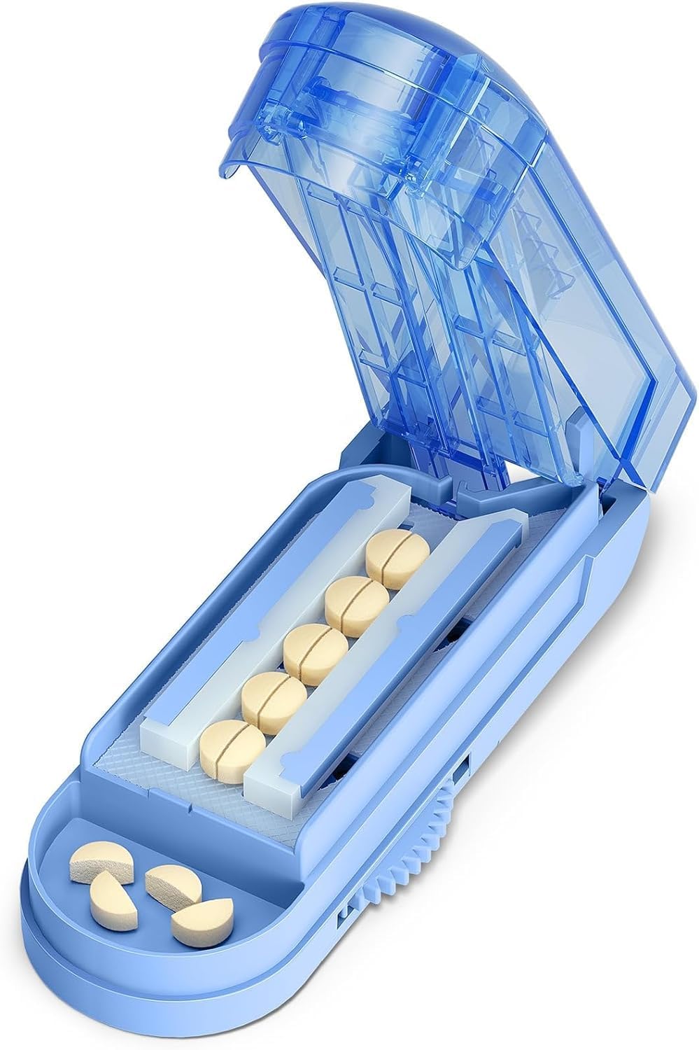 ONE PIX Multiple Pill Cutter Splitter for Small and Tiny Pills, Accurate 1/2 Tablet Splitter with Adjustable Bars &amp; Hidden Blade, Safely Cuts Large Medication for Seniors &amp; Pets (Blue)