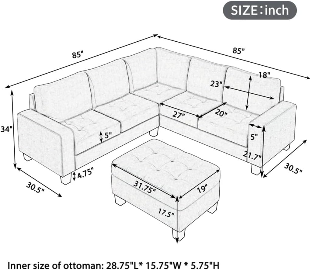 Sectional Corner Sofa L-Shape Couch Space Saving with Storage Ottoman & Cup Holders Design for Large Dorm Apartment