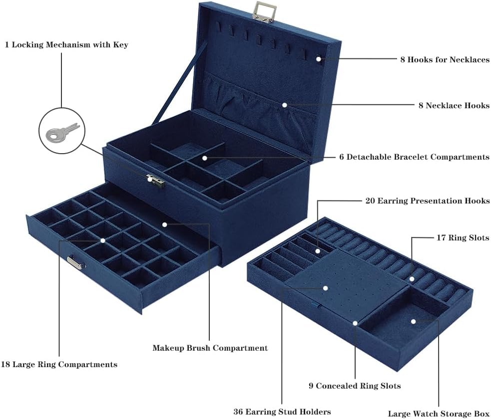 Image of KRISHYAM 3-Layer Velvet Jewelry Storage Box with Lock - Multi-Compartment Organizer Case for Rings, Earrings, Bracelets, Necklaces & Watches (Blue)