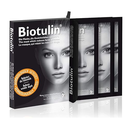 Biotulin Mascarilla facial de celulosa bio, paquete de 4, mascarilla hidratante antiarrugas, ácido hialurónico, ingredientes antienvejecimiento