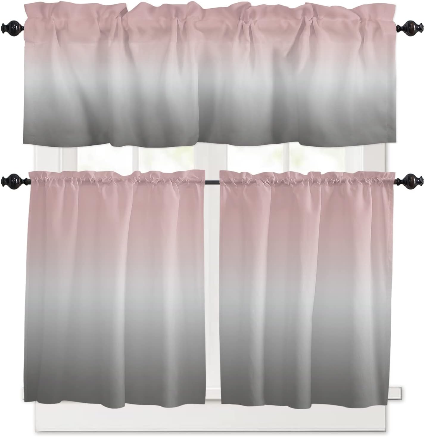 ALAGEO Pink and Grey Kitchen Curtain Valance and Tiers Set - Ombre Pink Gray Rod Pocket 3 Piece Gradient Color Window Curtain Set - 54in x 36in