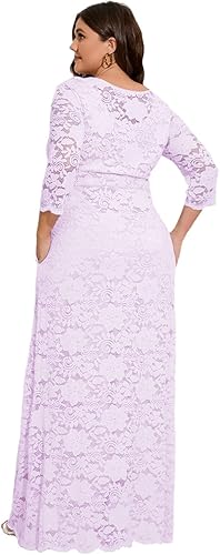 Miniatura 5 de MAYFASEY Vestido de novia de encaje floral para mujer, talla grande, manga 34, dama de honor, fiesta de noche, vestido largo con bolsillos
