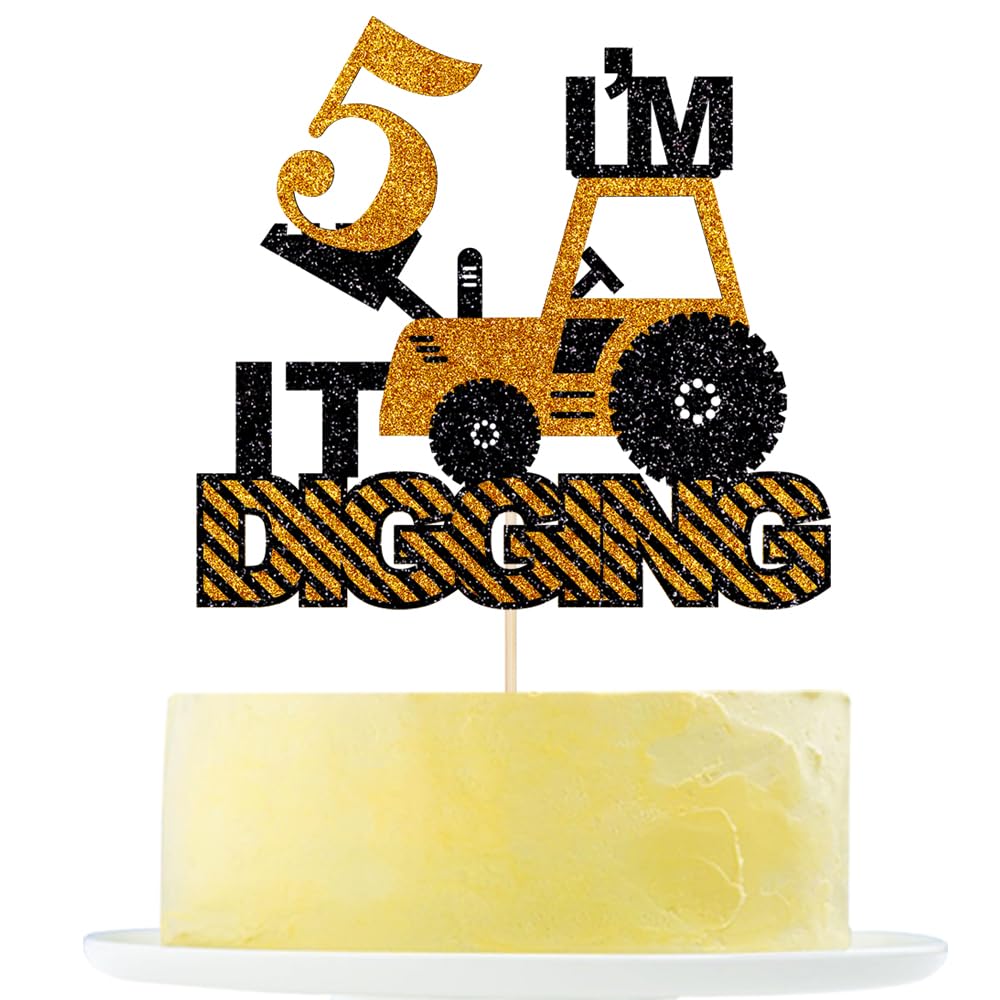 Construction Boys 5th Birthday Cake Topper - Excavator, Bulldozer, Roller, Truck Cake Decoration - Engineering Themed Party Supplies
