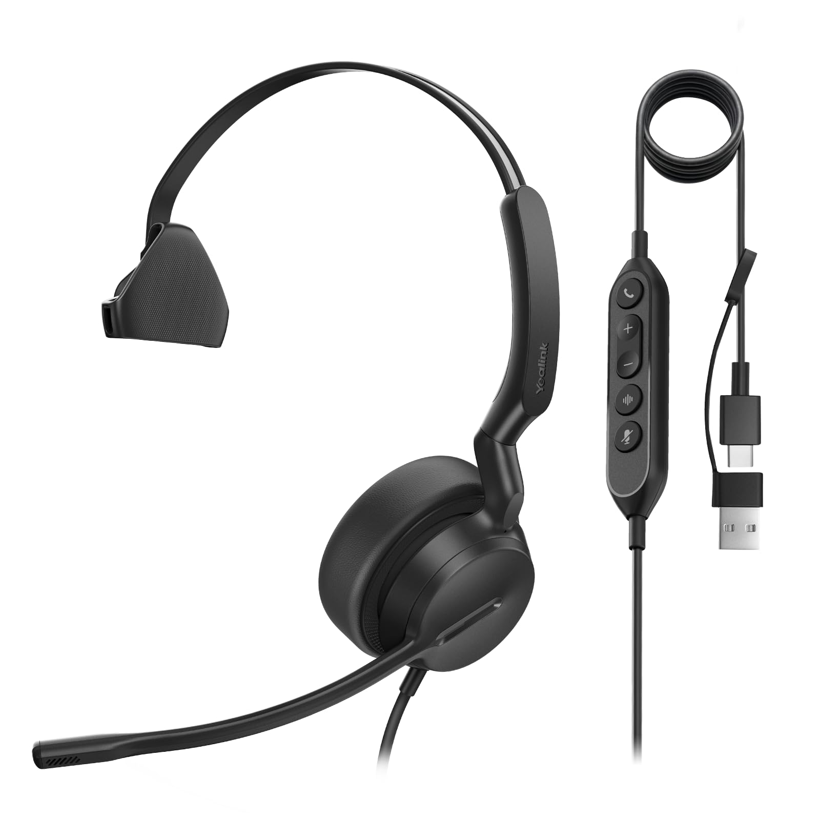 Yealink UH44 Cuffie con microfono, mono, auricolare Teams con cavo USB-C/A e cancellazione del rumore per PC, call center, ufficio e segnalazione di occupato.