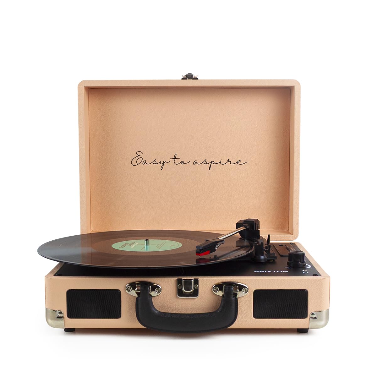 PRIXTON VC400 - Tocadiscos de Vinilo Vintage, Reproductor de Vinilo y Reproductor de Musica Mediante Bluetooth y USB, 2 Altavoces Incorporados, Diseño de Maleta, Color Melocotón (Reacondicionado)