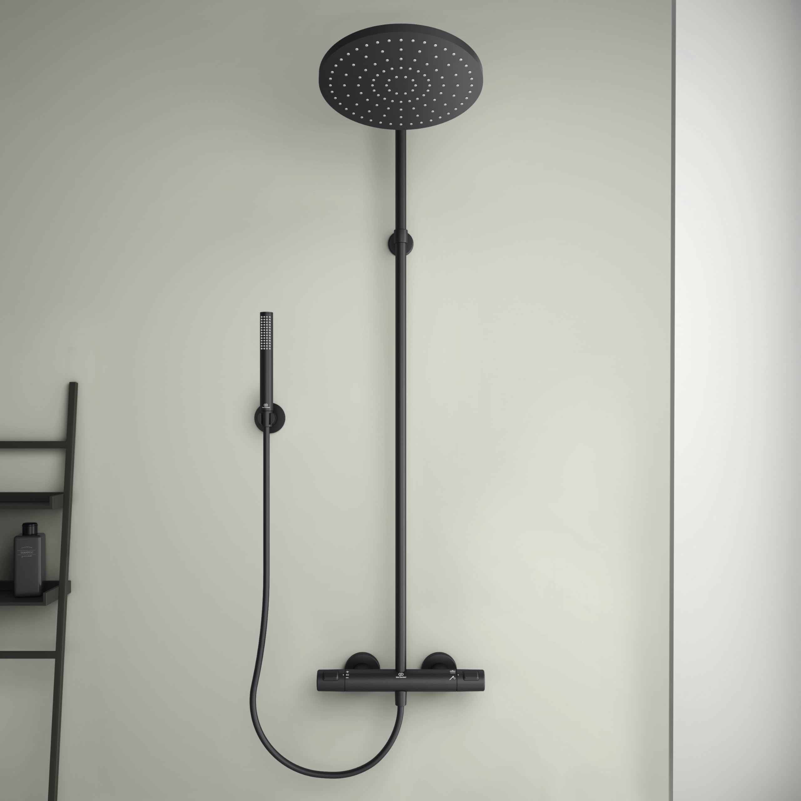 Ideal Standard Ceratherm T25 Sistema doccia, soffione a pioggia a risparmio idrico con doccetta a 1 funzione e protezione antiscottatura, flessibile doccia 1750 mm – Nero Opaco (315x542,5x1117 mm)