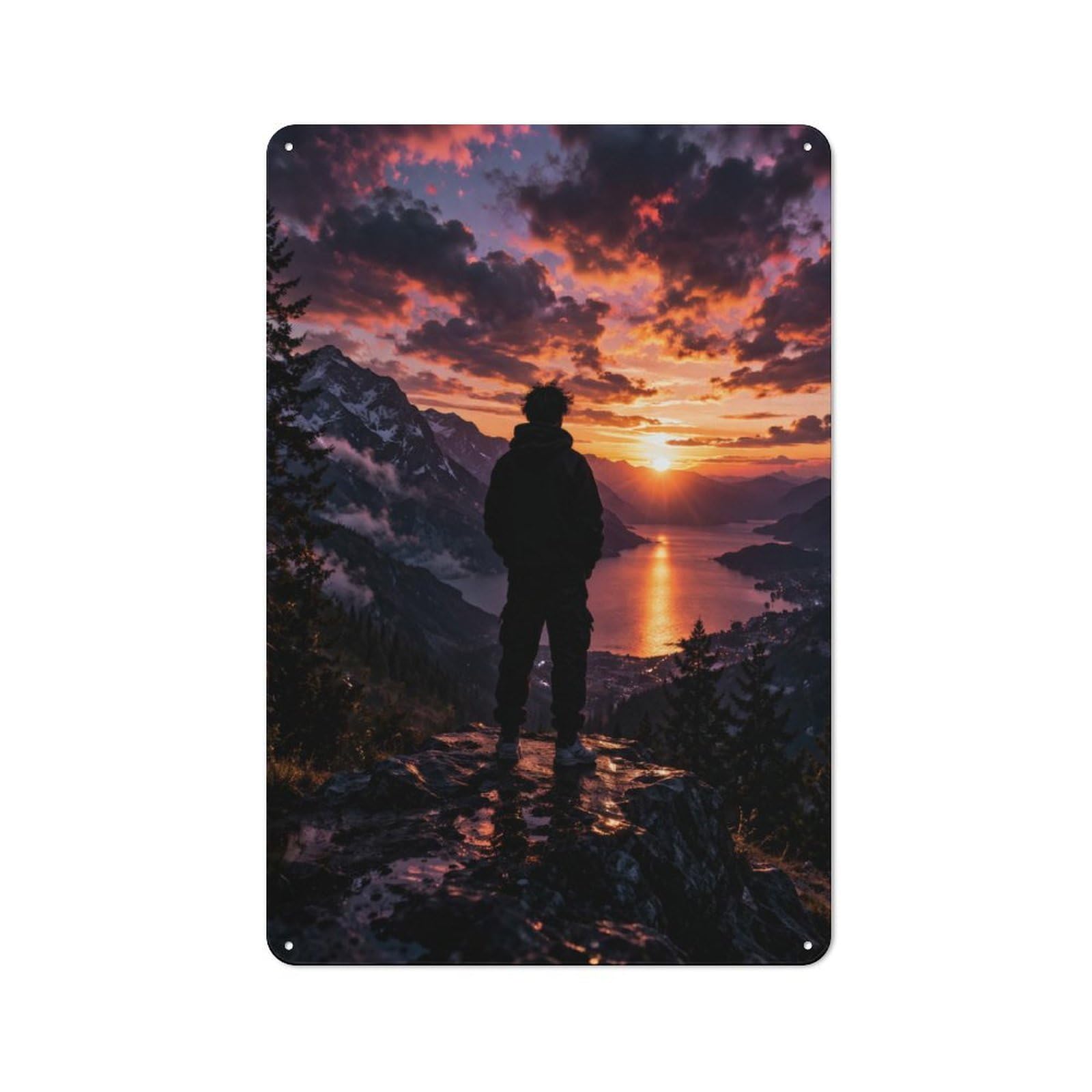 Man Watching Sunset over Lake And Mountains Tin Wall Sign 30x20cm, Country Style Bistro Wall Plaque for Coffee Bar, Kitchen, Bistro Or Tea Corner
