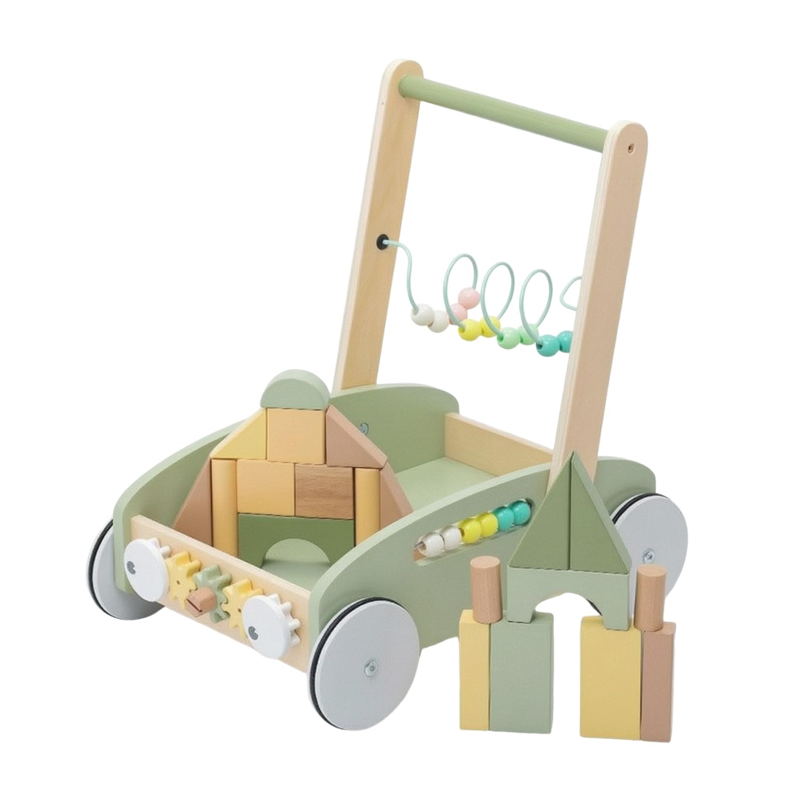 Children Learning Carrello Girello Carrellino Spingi Centro Attività in Legno con Elementi Rotanti E Perline Scomparto per Trasporto Giochi Telaio, Verde, 1/Set