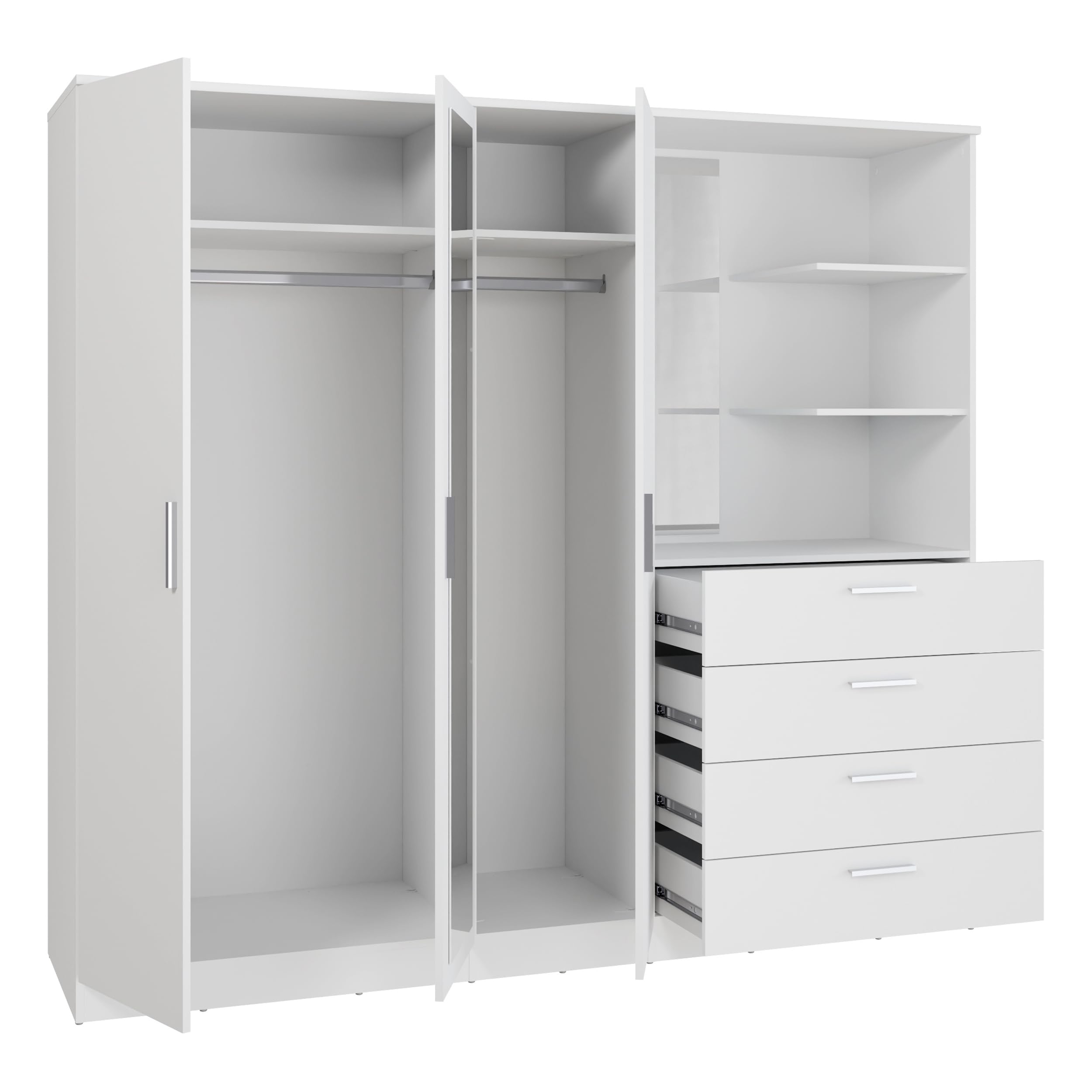 Forte Panama Kleiderschrank 200, modern-minimalistischer Kleiderschrank mit Regalkommode, 3-türig, 4 Schubladen, 2 Spiegel, Holzwerkstoff, Weiß, 199 cm breit x 181 cm hoch x 52,7 cm tief