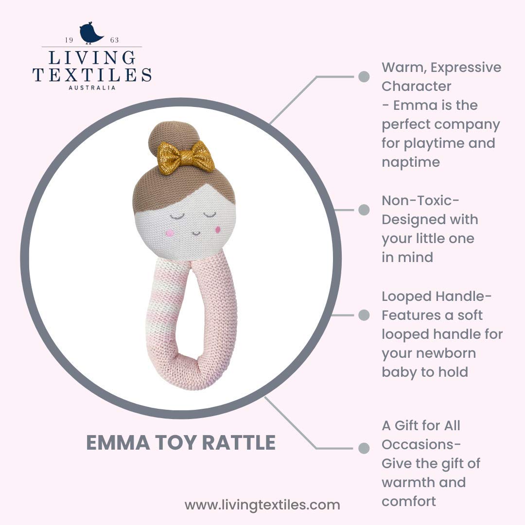 Living Textiles Baby Knitted Toy Rattle - Emma Ballerina -Premium 100% Cotton Super Cute Soft & Fun Stuffed Animal Character | for Infant,Newborn,Nursery,Stuff,Knit,Gift,Shower,Girl