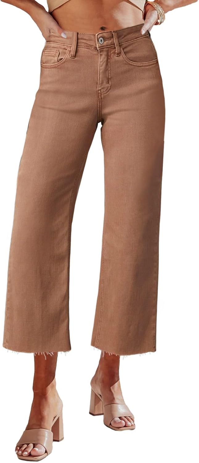 Allimy Women’s High Waisted Straight Ankle Wide Leg Ripped Jeans Frayed Hem Stretchy Capri Denim Pants