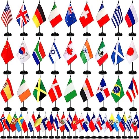 TSMD 50 Countries International World Desk Flags Set Small Mini Office Table Stick Flag with Stand Base,5x8 Inch Cover