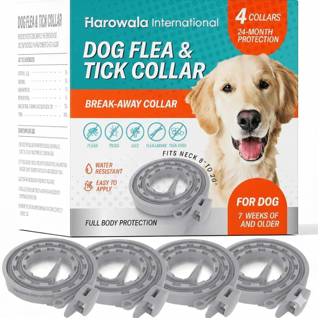 Flea & Tick Collar for Dogs: 8 Month Protection, Water-Resistant, Safe Natural Repellent for All Breeds.Made with Natural Ingredients. (Pack of 4)