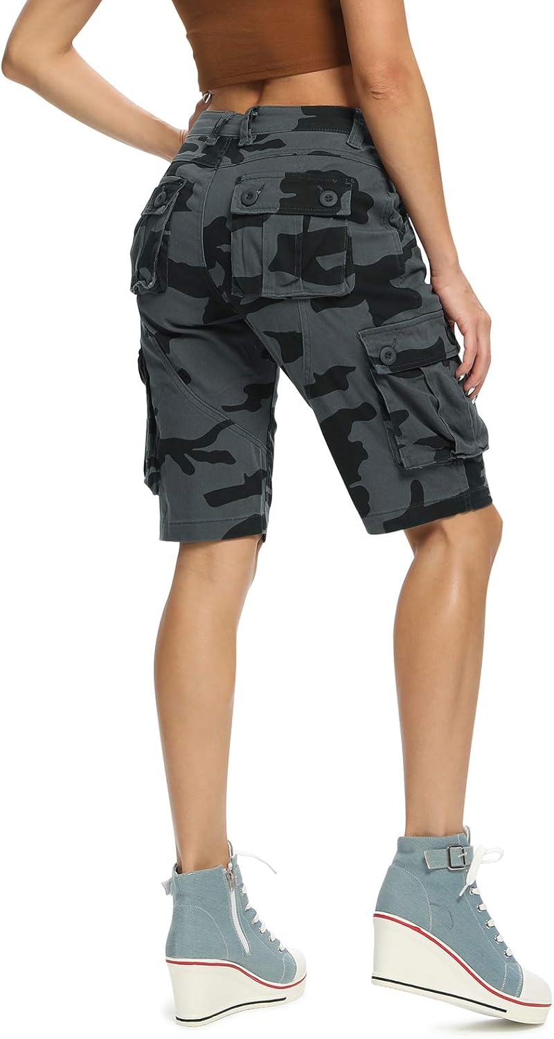 OCHENTA Women's Cargo Shorts - Stretchy Cotton 6 Pockets Work Shorts, Casual Solid & Camo for Hiking Outdoor