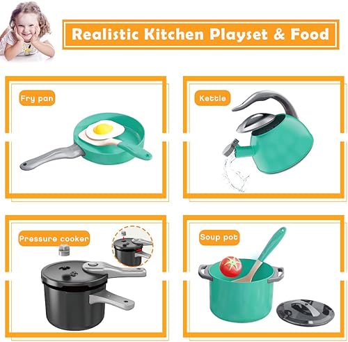Miniatura 5 de Bruvoalon Juego de 32 juguetes de cocina para niños, accesorios de cocina con ollas, sartenes, utensilios de cocina, alimentos, verduras enlatadas