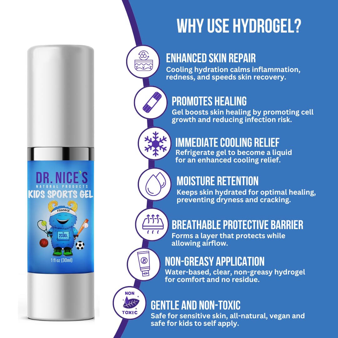 DR. NICE'S Kids Sports Hydrogel for Blister Care, Chafed Skin Relief, Scrapes, Minor Cuts, Wounds, Burns - Soothing Cooling First Aid Gel for Raw & Irritated Skin - Natural, Made in USA - 30 ML — Amazon image 6