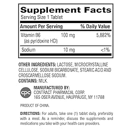 Earth\'s Splendor Energy Supplement Vitamin B6 for Men & Women, No Artificial Color or Preservatives, Non-GMO, Supports Energy Metabolism and Red Blood Cell Production (100mg, 250 Tablets)