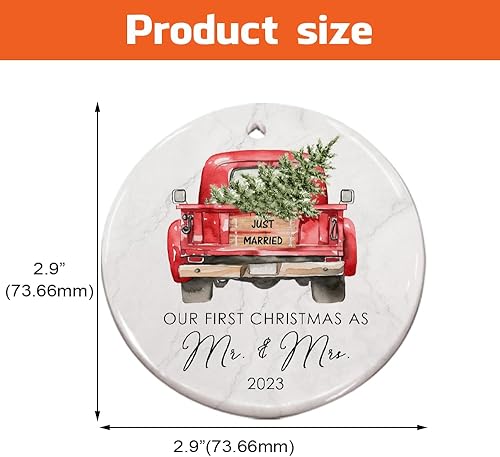 Miniatura 6 de Adorno de camión de cerámica con texto en inglés "Our First Christmas As Mr & Mrs 2023", decoración roja clásica para árbol de Navidad, casados