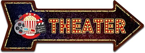 Mukuko Letrero de cine, decoración de pared vintage para bar, cafeterías, pubs, sala de prensa, 6 x 18 pulgadas con flecha de metal