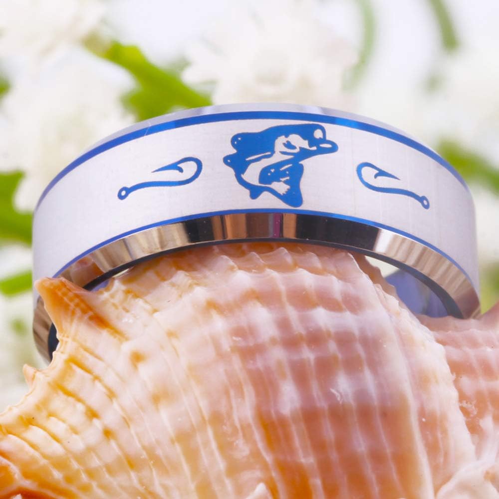 CLOUD DANCER FREE Custom Engraving Blue Tungsten Wedding Bands Bass Ring Fishing Ring Fish Hooks Ring Hunting Ring