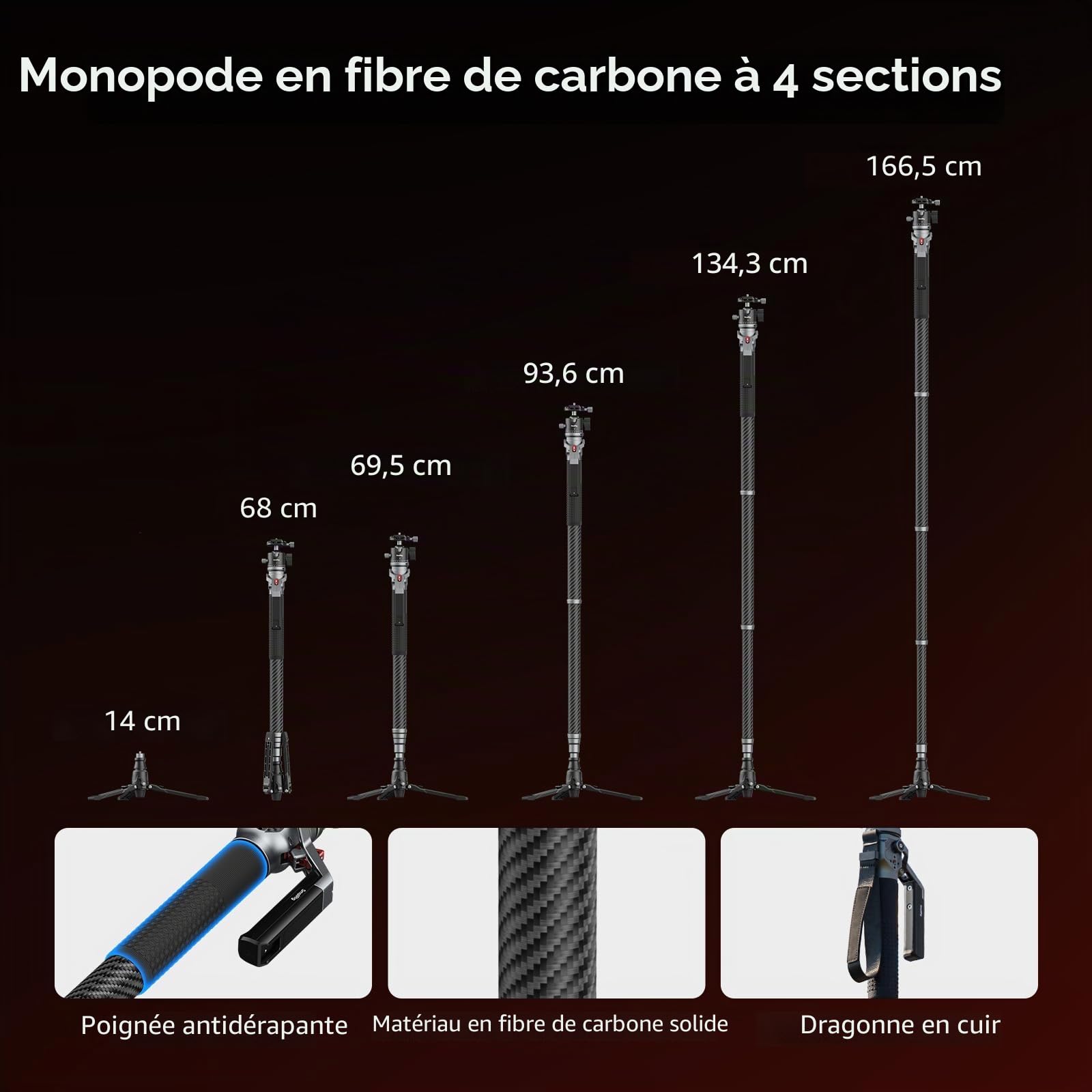 SMALLRIG Monopode en Fibre de Carbone 166,5 cm, Compact 68 cm, 1,72 kg, Réglage Hauteur 1 Touche, Rotule 5 kg - 5564