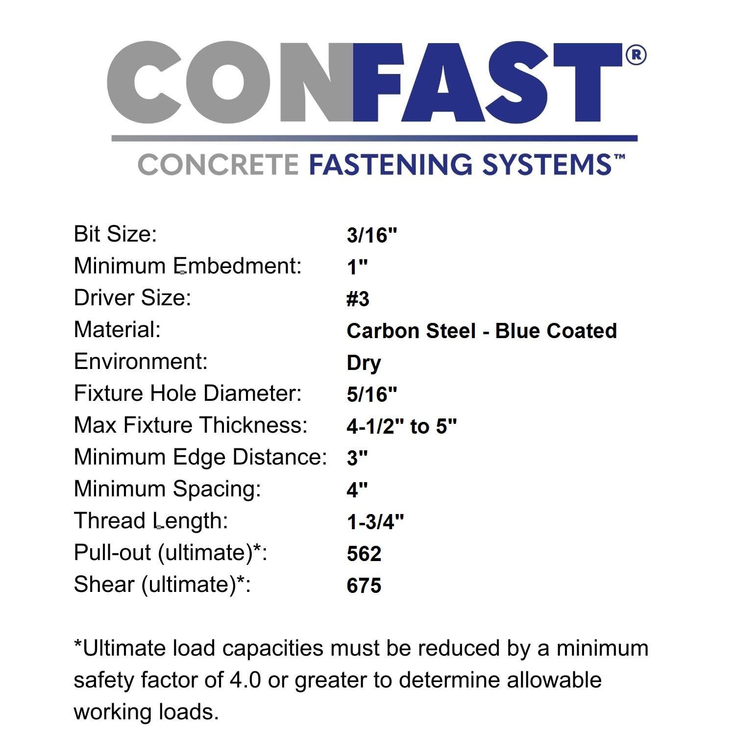 Confast 1/10.2 cm x 15.2 cm płaska kotwa do betonu Phillips z wiertłem (pudełko 100 sztuk)