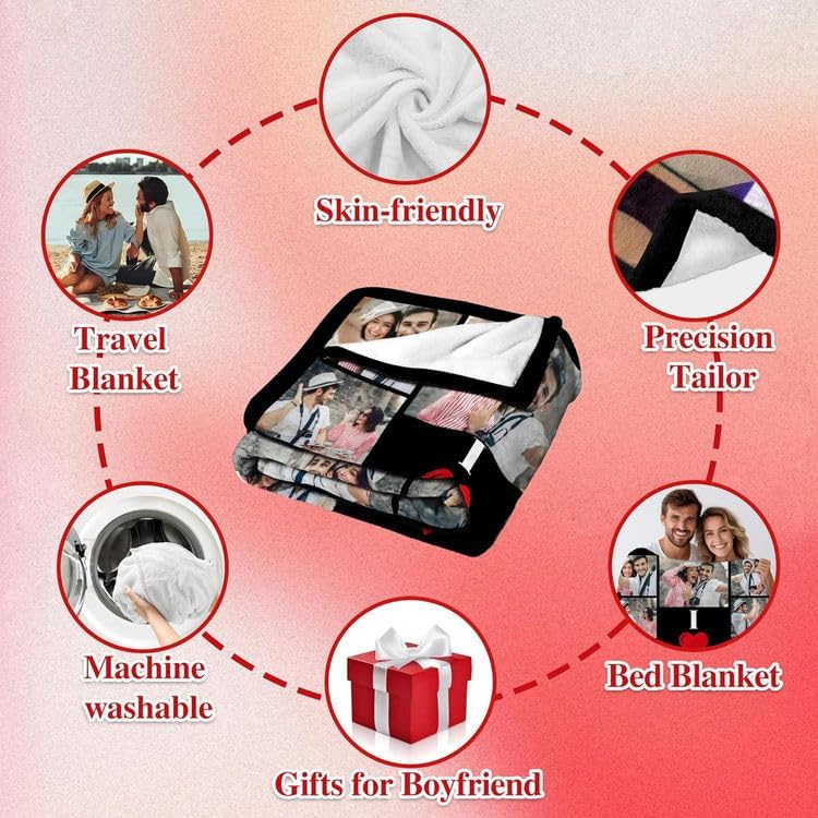 Gossby Custom Blanket with Photos Text for Couple - Valentines Anniversary Birthday Gifts for Women Men Her Husband