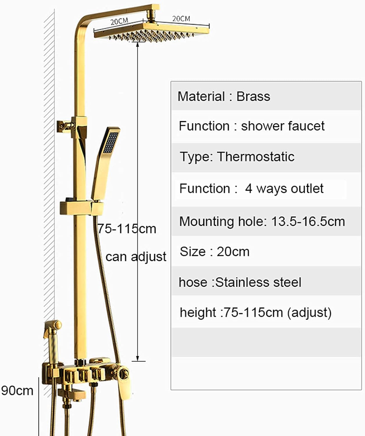 Thermostatic Shower System Gold, Luxury Brass Bathroom Shower Faucet Set 4 Functions, Wall Mounted Bathtub Shower Mixer Tap