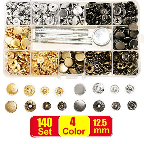 SUNTATOP 140 Boutons-Pression en Métal, Mousqueton Métal 12,5 mm 4 Couleurs Boutons-Pression avec 4 Outils de Fixation pour la Couture et la Confection de Vêtements (4 Couleurs-Lot de 140)