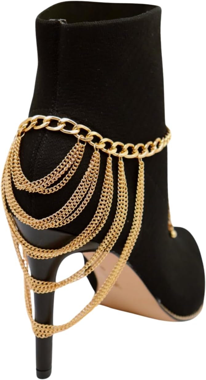 Women’s Gold Tone Boot Chain Bracelets Pair, Multi Layer Draped Shoe Anklet Jewelry, Adjustable 11–15 In, Festival And Concert Accessory BC106