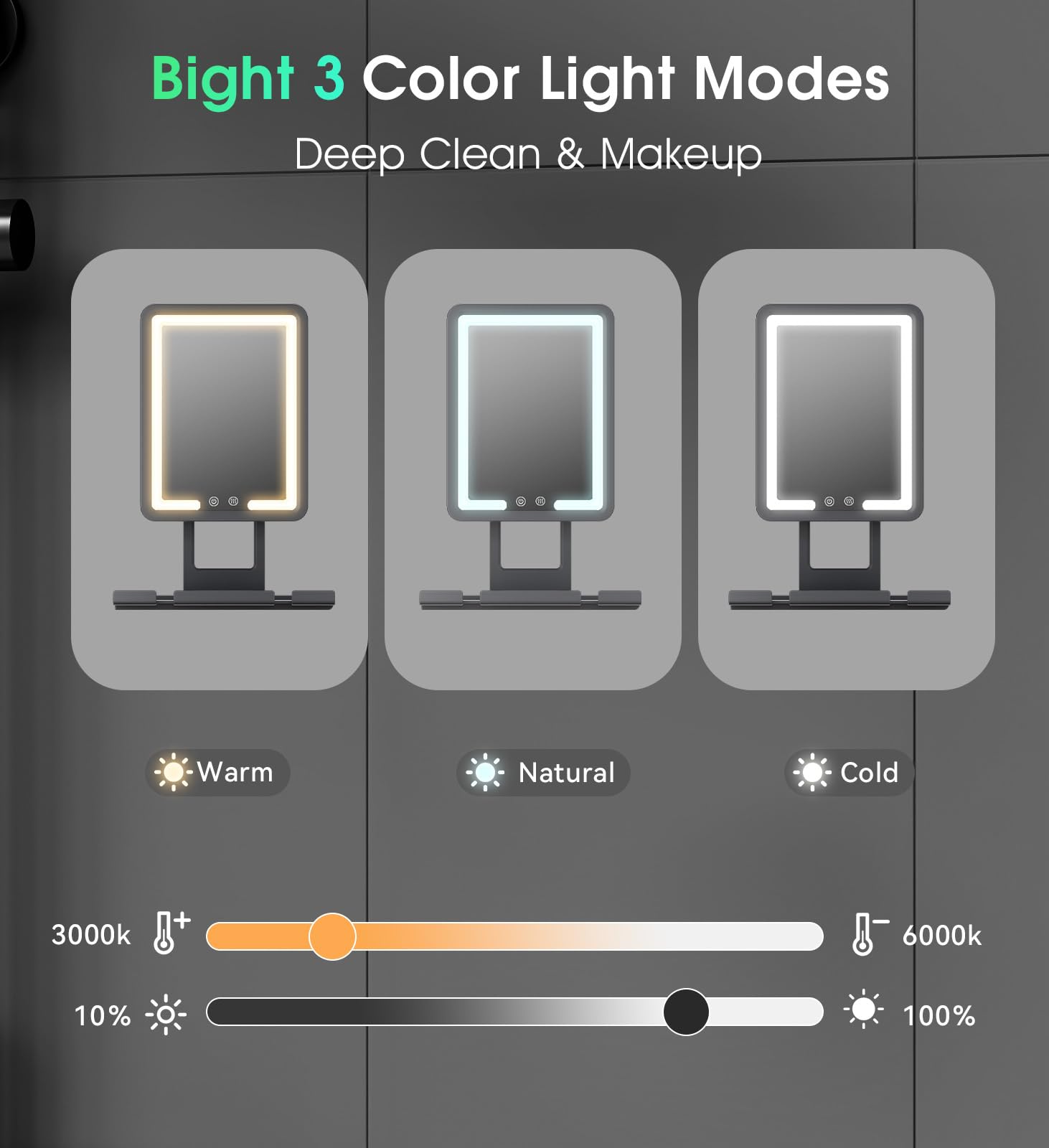 Shower Mirror Fogless for Shaving with Light - Heated Anti Fog Bathroom Mirror Razor Holder Recharegable 5000mAh Battery 3 Colors Dimmable Adhesive Wall Mount Shower Accessories Gift for Men(Black) - 5