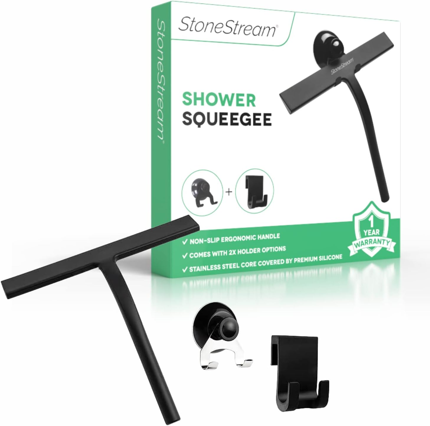 Original StoneStream Shower Screen Cleaner Squeegee, Bathroom Squeegee for Shower Doors, Bathroom Windows - Matte Black