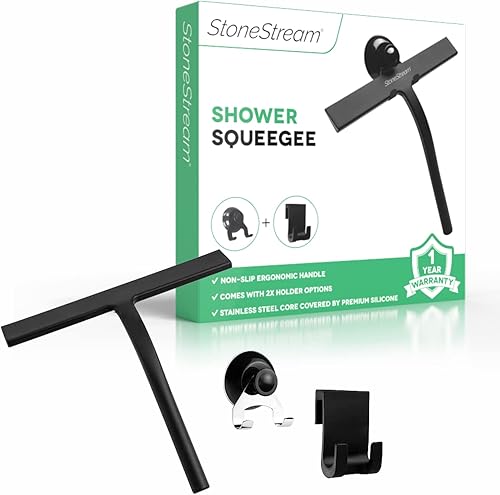 Miniatura 1 de Original StoneStream - Escobilla de ducha de acero inoxidable, escobilla de baño de alta calidad con mango antideslizante y 2 soportes para una