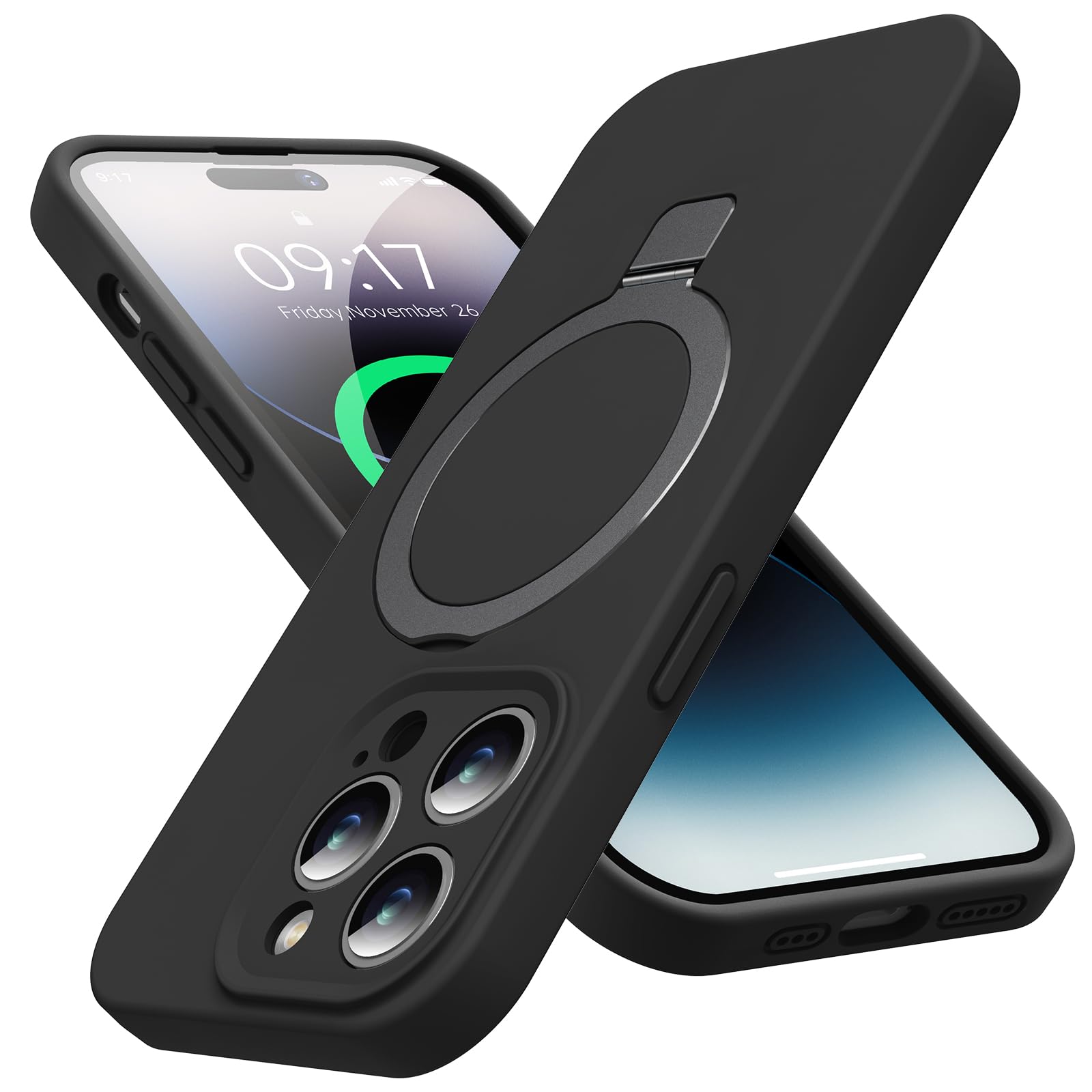 Mag-Ring Designed for iPhone 14 Pro Max Case, Liquid Silicone [Moisturizing Factor] Extreme Soft Slim Phone Case with Stand [Compatible with MagSafe] for 14 Promax 6.7 inch Men Women, Black