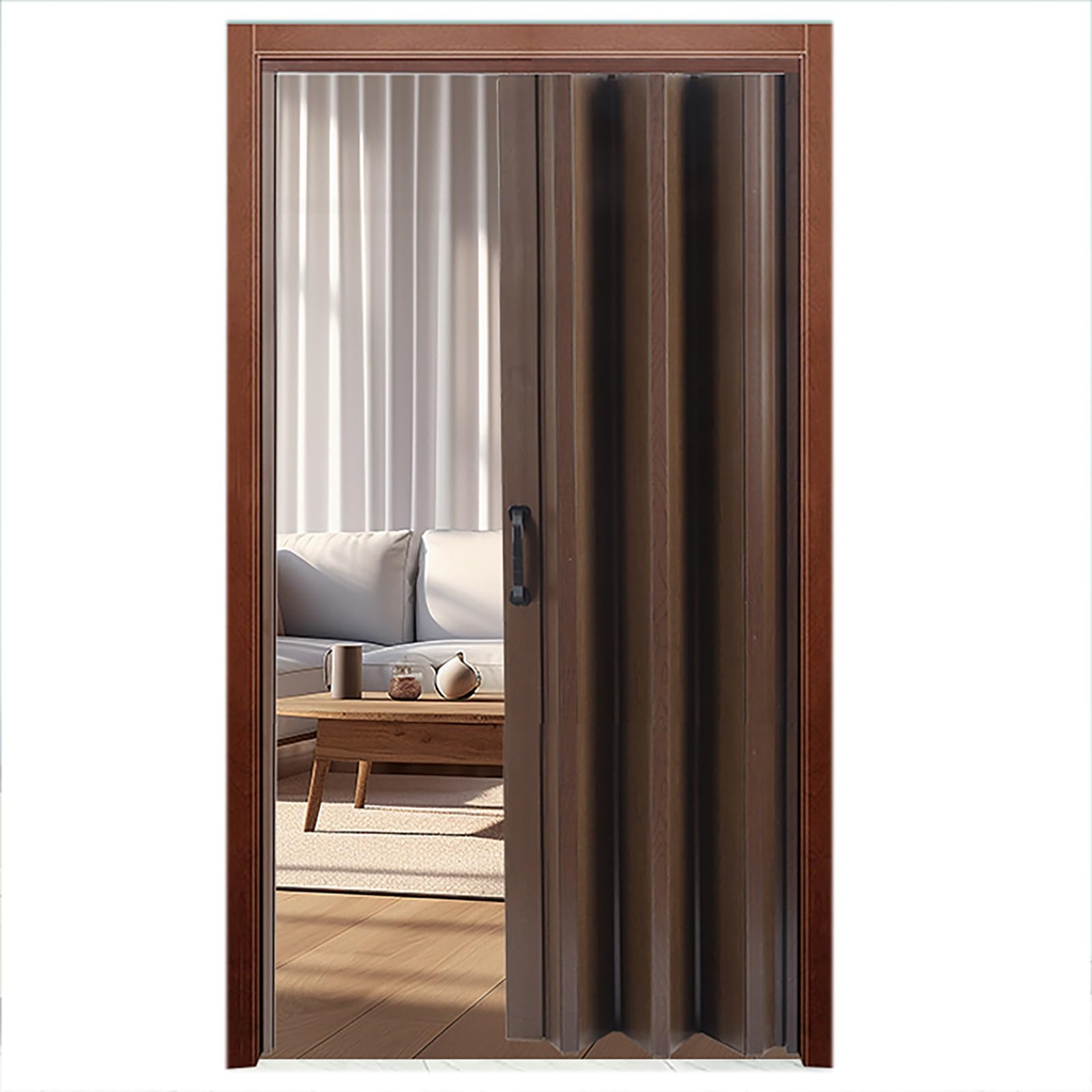 Porta pieghevole per interni dell'armadio, fisarmonica multipla in PVC marrone con vetro acrilico e accessori di installazione, per ufficio, hotel, ristorante, cucina (99 x 203 cm)