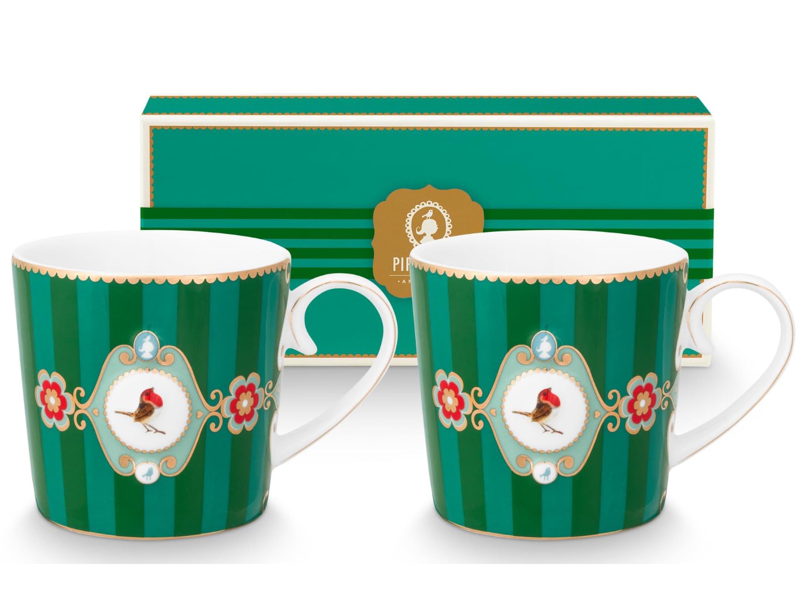 Pip Studio Love Birds Medallion Stripes Emerald-Green Henkelbecher Small 0,15l Set2