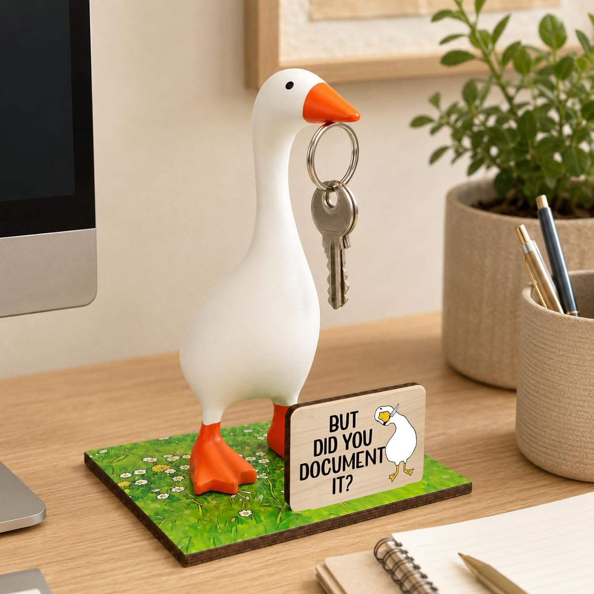 SUSZDOU Desk Goose-Magnetic Key Holder, But Did You Document It Wood Sign Wood Sign, Office Decor, Funny Gifts for Coworker, Desk Decor with Wooden Base for Office, Classroom, Shelf
