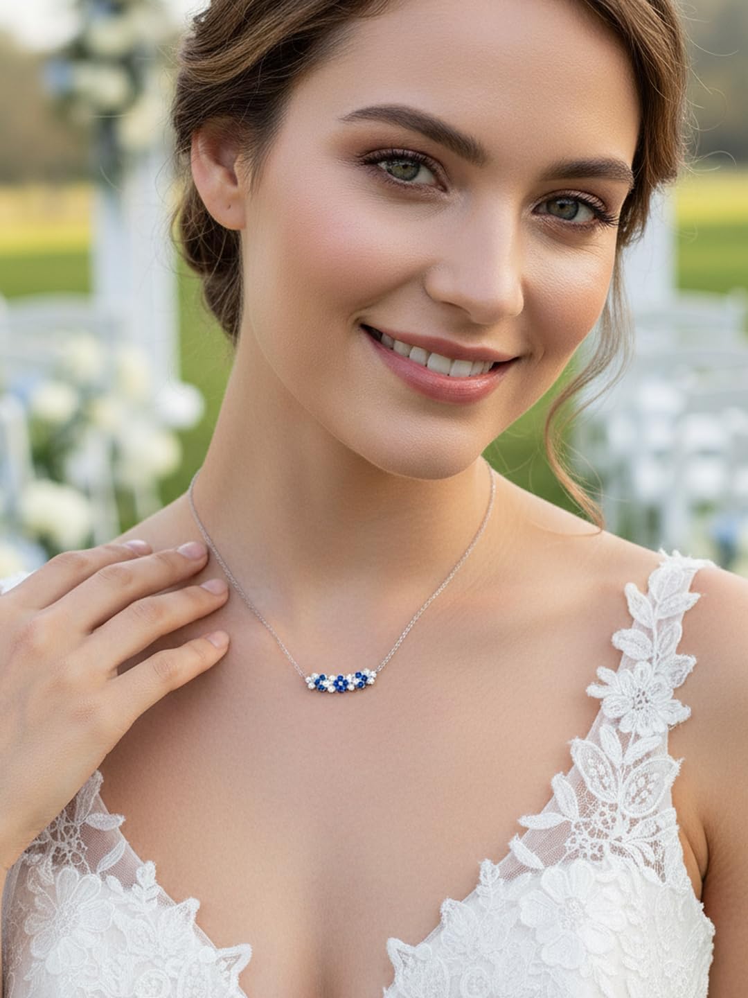 Moissanite and Sapphire/Ruby/Emerald Pendant Necklace for Women, Flower Bar/Curved Bar Design, Solid 925 Sterling Silver, 16"/18"/20" Adjustable, Anniversary Birthday Christmas Jewelry - Image 2