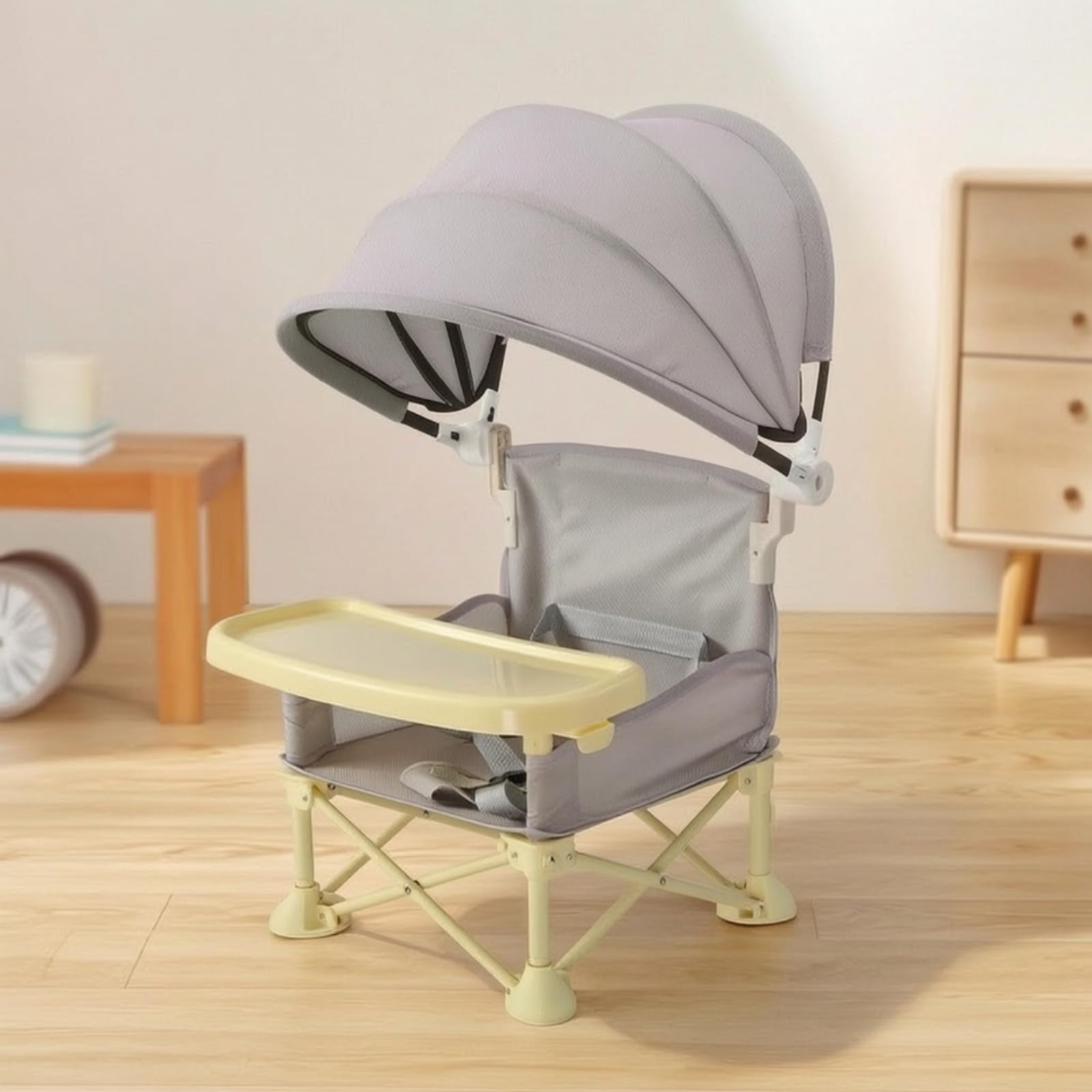 Chaise Haute Pliante Pliable Chaise Haute avec Plateau Amovible Ajustable Siège Table avec Plateau pour Bébés, Repas, Array, Gris Avancé, Support En Acier À Haute Teneur En Carbone