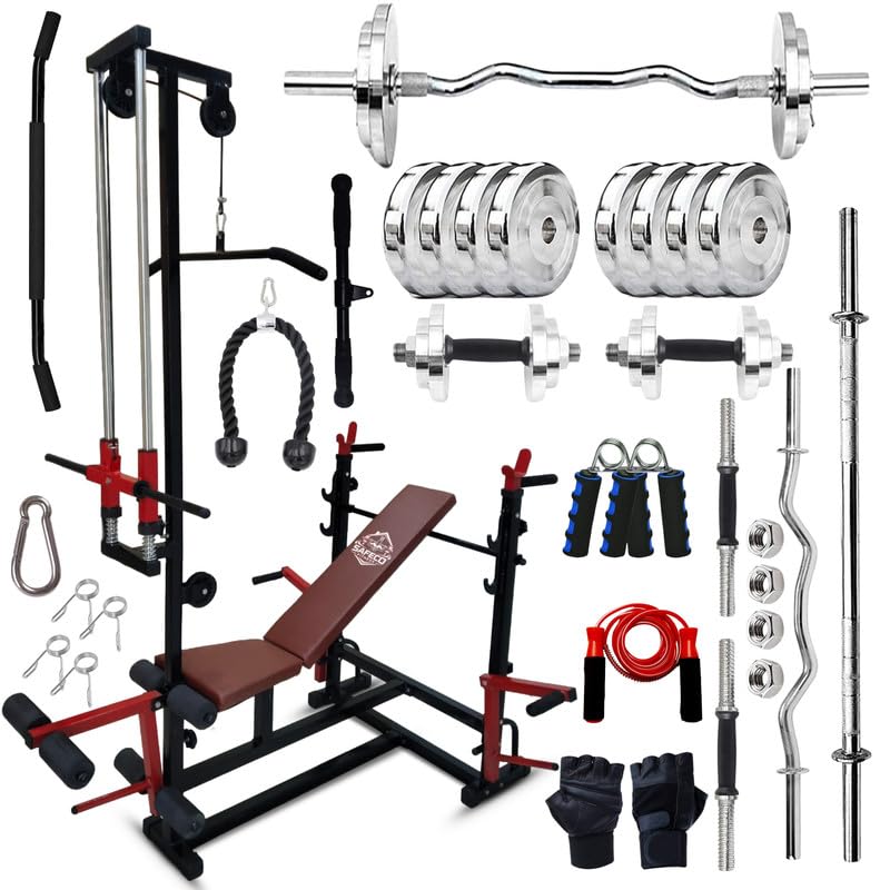 20-in-1 J Hook Adjustable Bench Set with 50KG Steel Weight Plates, 5FT Straight Barbell Rod, 3FT Curl Rod, Dumbbell Rods, Gripper, Gloves, Skipping Rope & Accessories-image-23