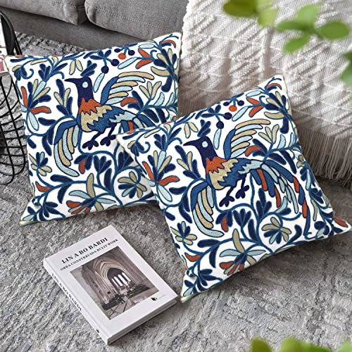 Alysheer Embroidered Decorative Throw Pillow Cover 18"X 18" Set Of 2, Lucky Bird Boho Embroidery Happy Knit Pattern Cotton Cushion Case For Sofa Couch Living Room Bedroom Outdoor (Blue Bird, 2Pc) #TOP6