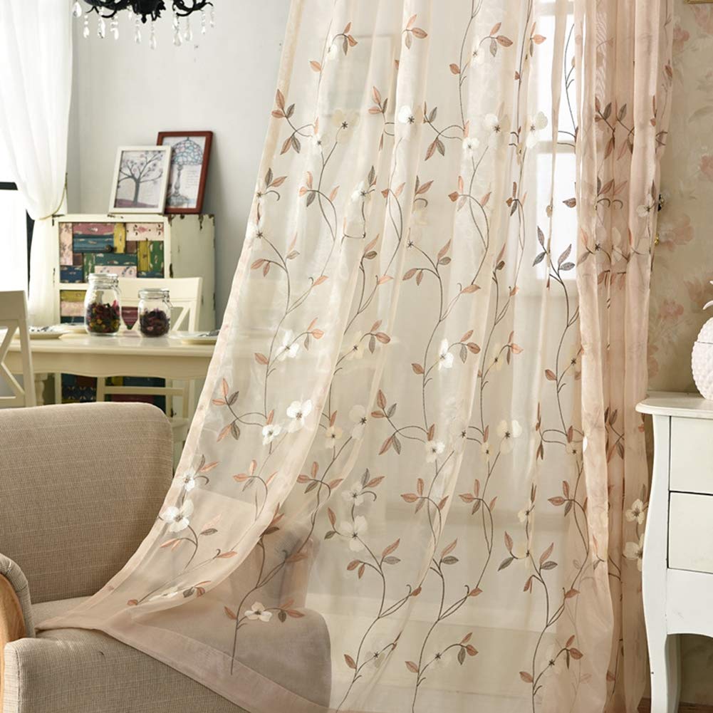 Embroidery Transparent Flower Voile Curtains Curtains Soft Breathable with eyelets for Windows Living Room Sun shading curtains 2 pieces,Coffee,W140xL180cm