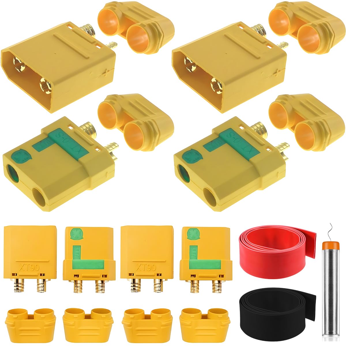 ZHUROUPU 4 Pairs for Amass XT90-S XT90S Anti-Spark Plug Male Female Connector Adapter with Sheathed Housing for RC Car Truck ESC Brushless Motor FPV Battery with Heat Shrink Tubing & Solder Wire