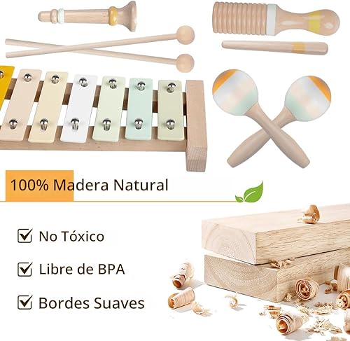 Miniatura 5 de Instrumentos musicales para bebés, juguetes Montessori de madera para niños pequeños de 1 a 3 años, colores neutros, juego de instrumentos de