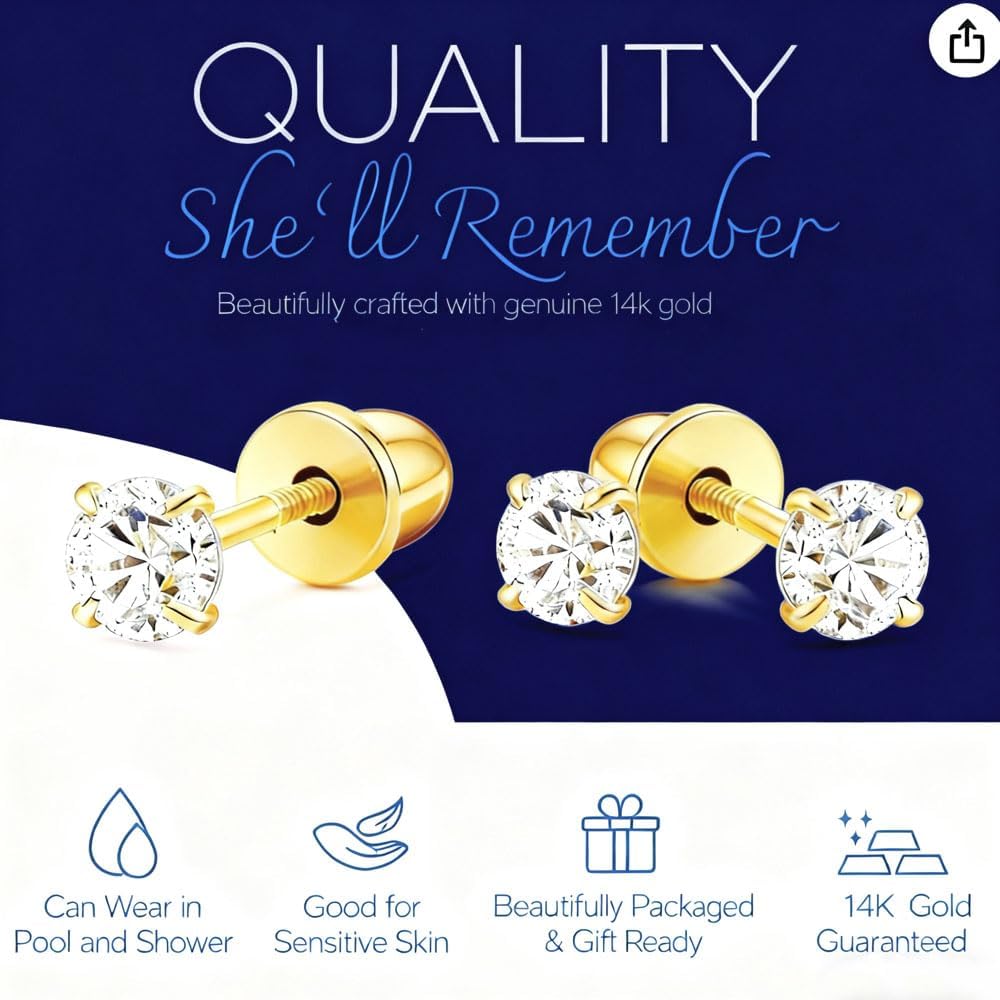 14K Gold Cubic Zirconia Stud Earrings, Dainty Round-Cut Sparkle with Secure Screw Backs, Elegant Everyday Jewelry in Assorted Sizes