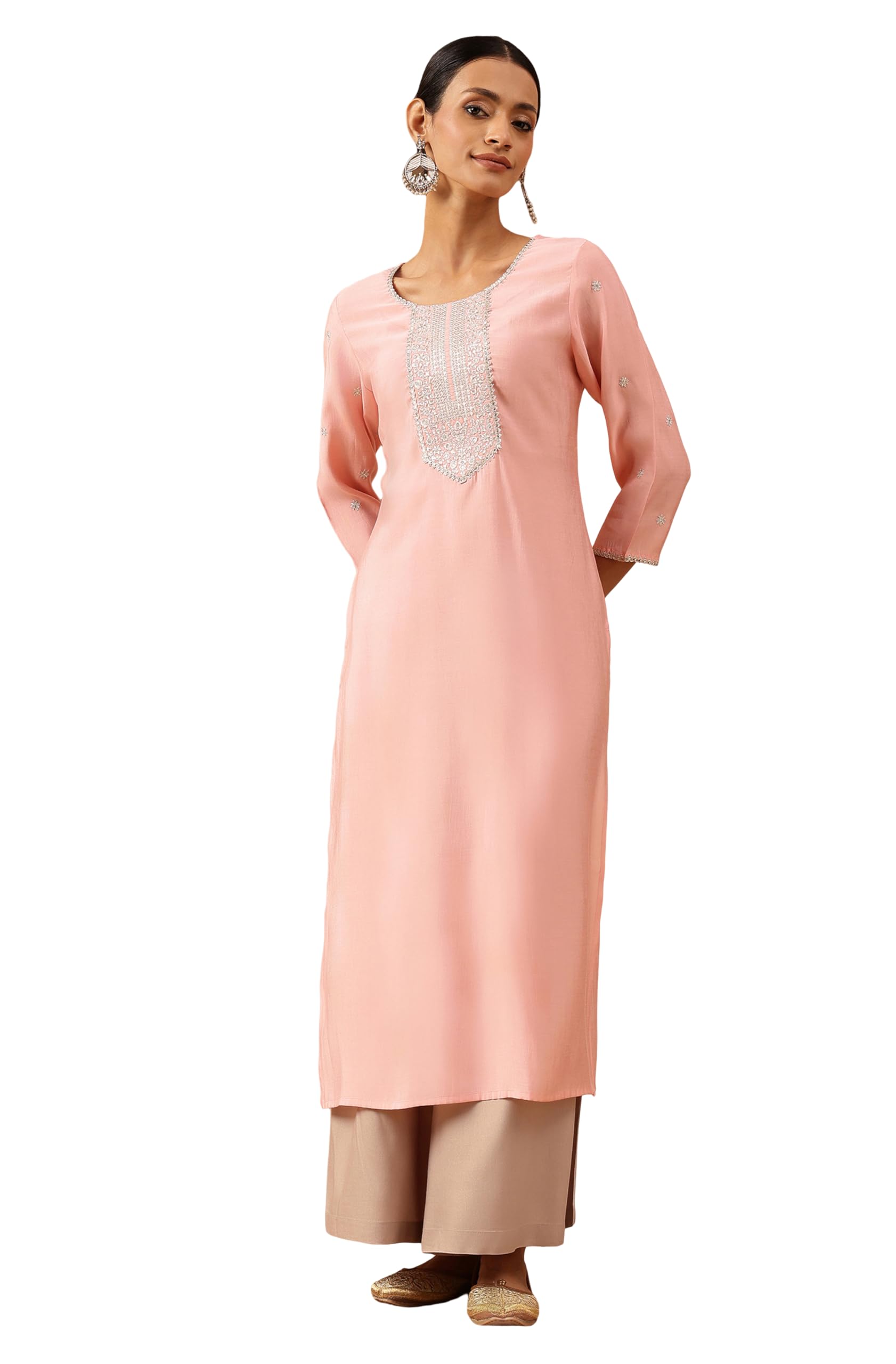Janasya Women's Soft Pink Chanderi Silk Zari Embroidered Straight Kurta in pink